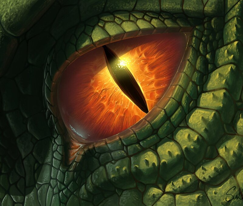 Dragon Eye Close-up — Green, Dramatic, Digital Art, Scales