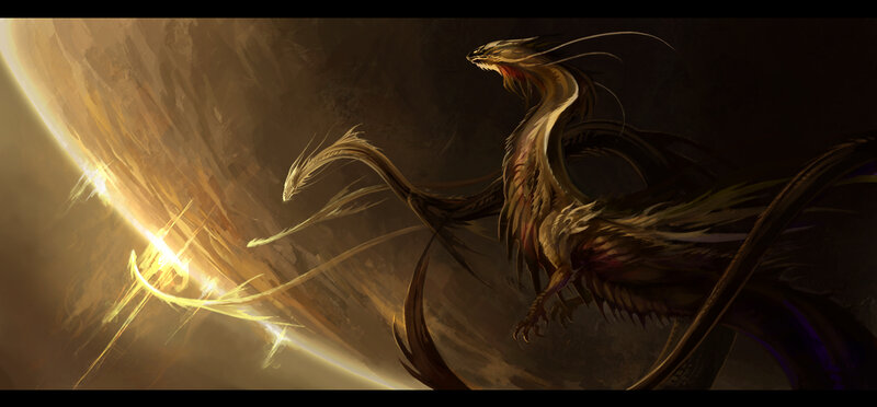 dragon facing a golden light
