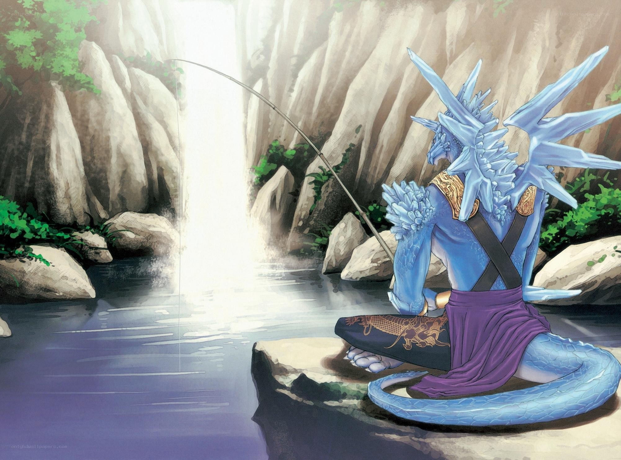 dragon fishing by a waterfall