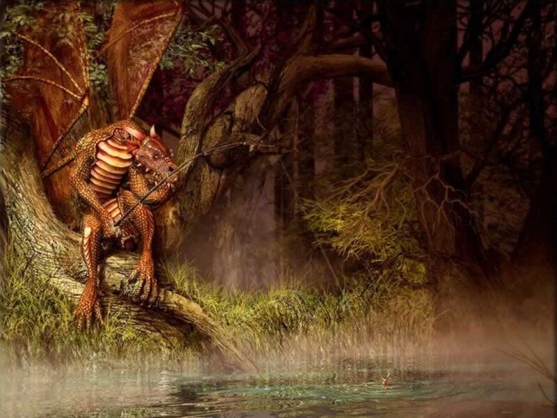 dragon fishing in a forest