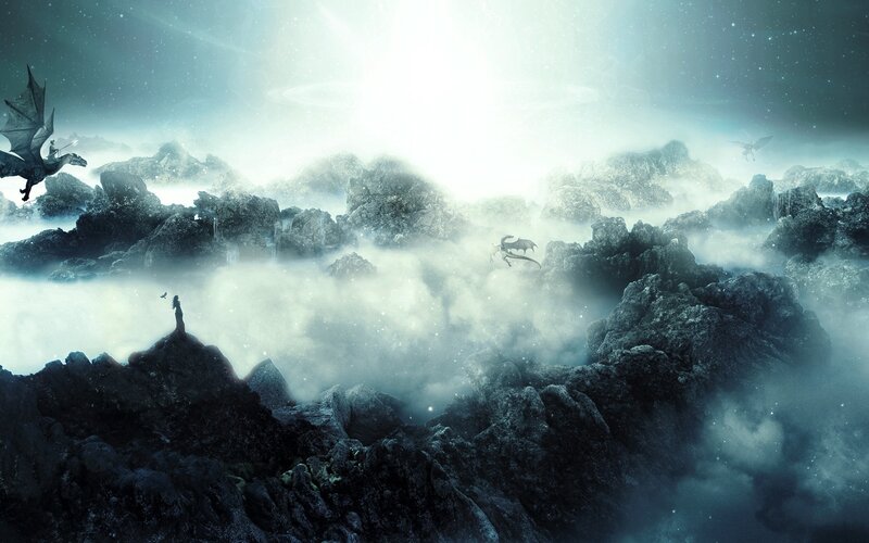 dragon flight over misty mountains