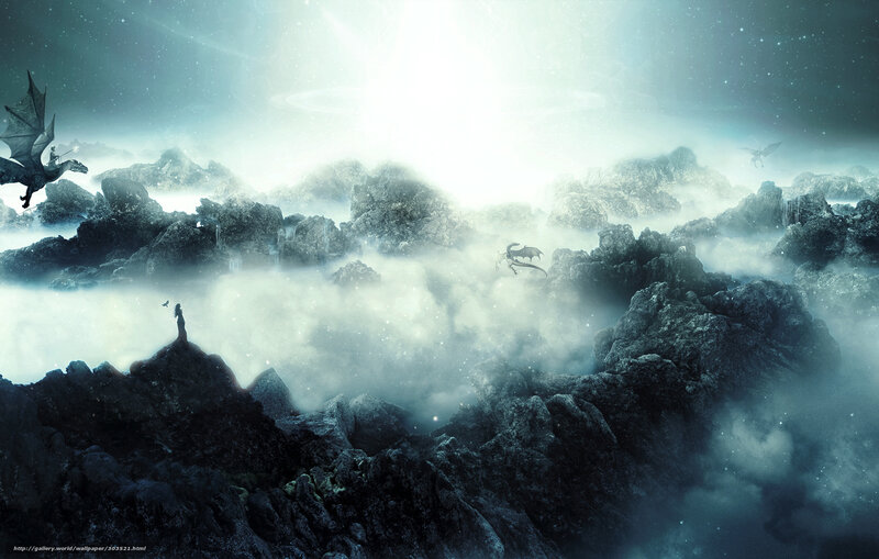 Dragon flight over misty peaks