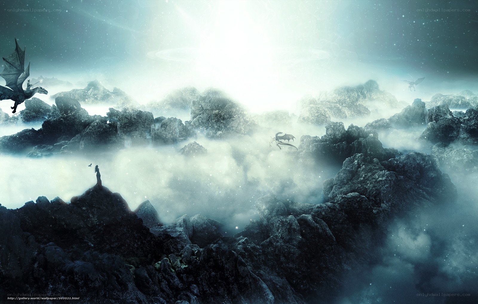 Dragon flight over misty peaks