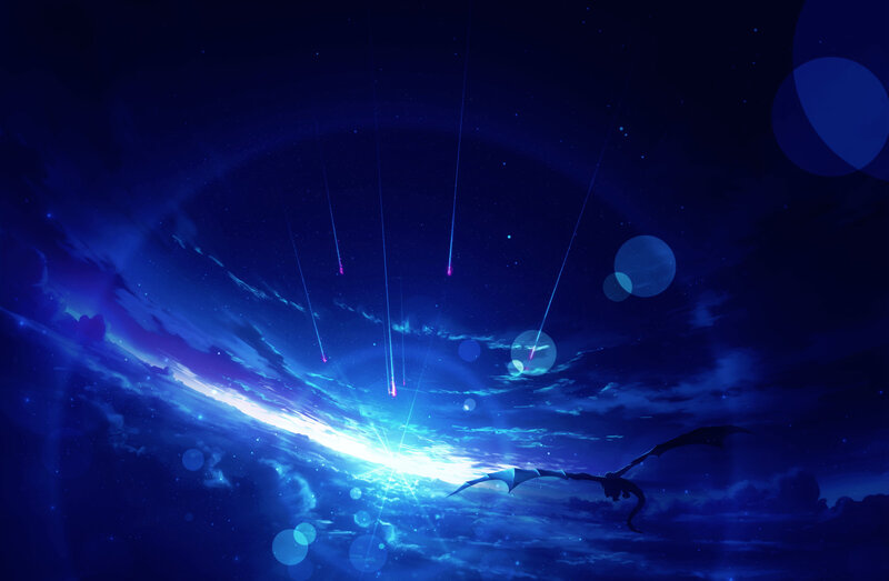 Dragon Flying at Night — Blue, Dramatic, Digital Art, Meteor Shower