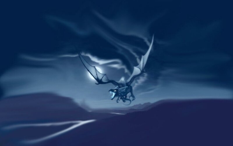 Dragon Flying at Night — Blue, Dramatic, Digital Art, Moon, Clouds, Mountains, Dark Blue