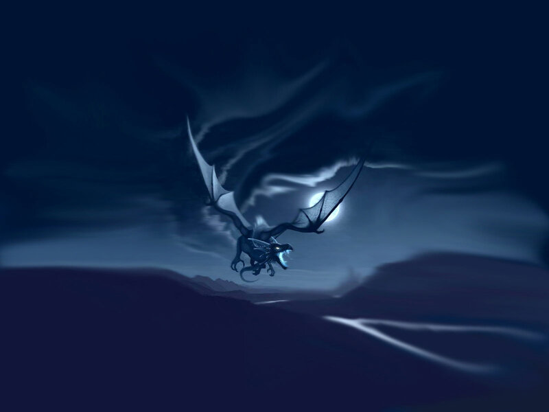 Dragon Flying at Night — Blue, Dramatic, Digital Art, Moon, Clouds
