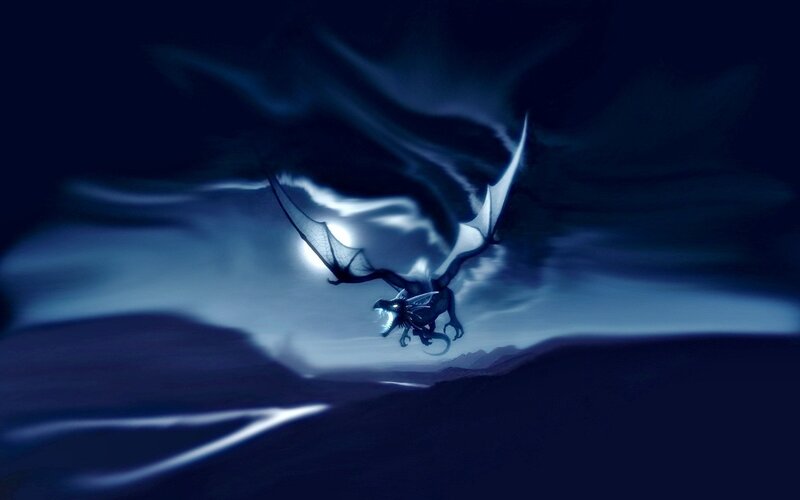 Dragon Flying at Night — Blue, Dramatic, Digital Art, Moon, Mountains