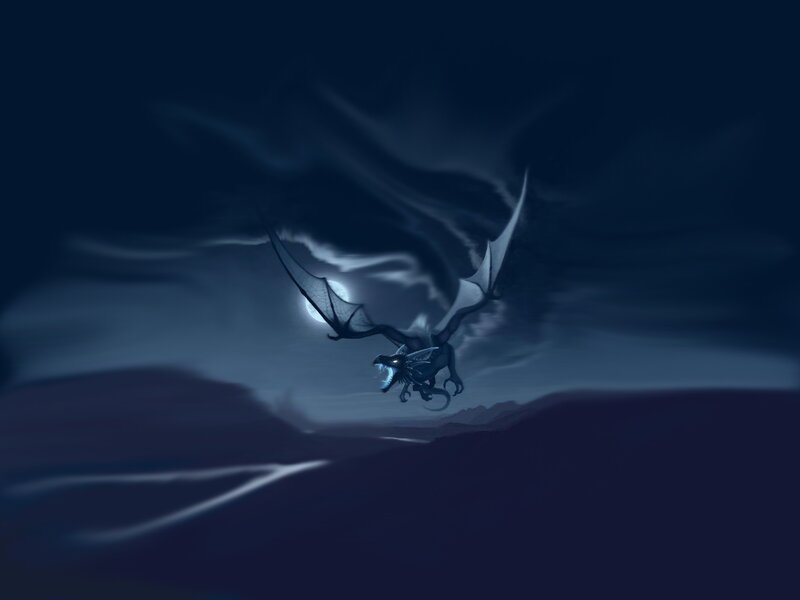 Dragon Flying at Night — Blue, Dramatic, Digital Art, Moon