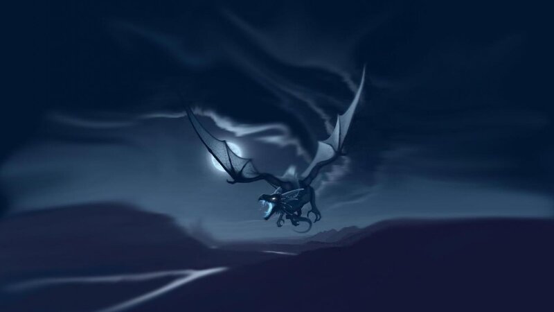 Dragon Flying at Night — Blue, Dramatic, Digital Art