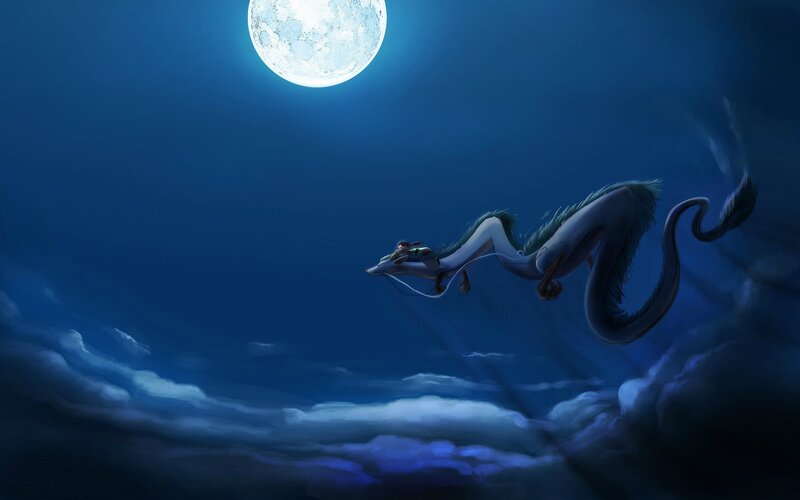 Dragon Flying at Night — Blue, Serene