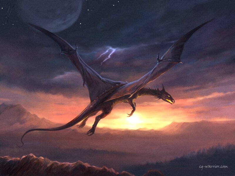 dragon flying at sunset