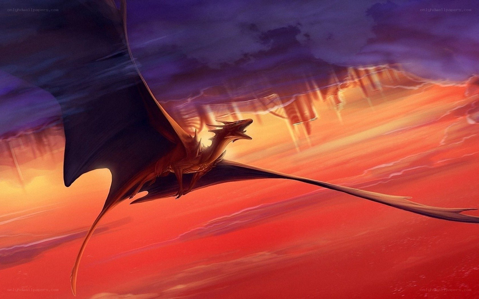 dragon flying at sunset