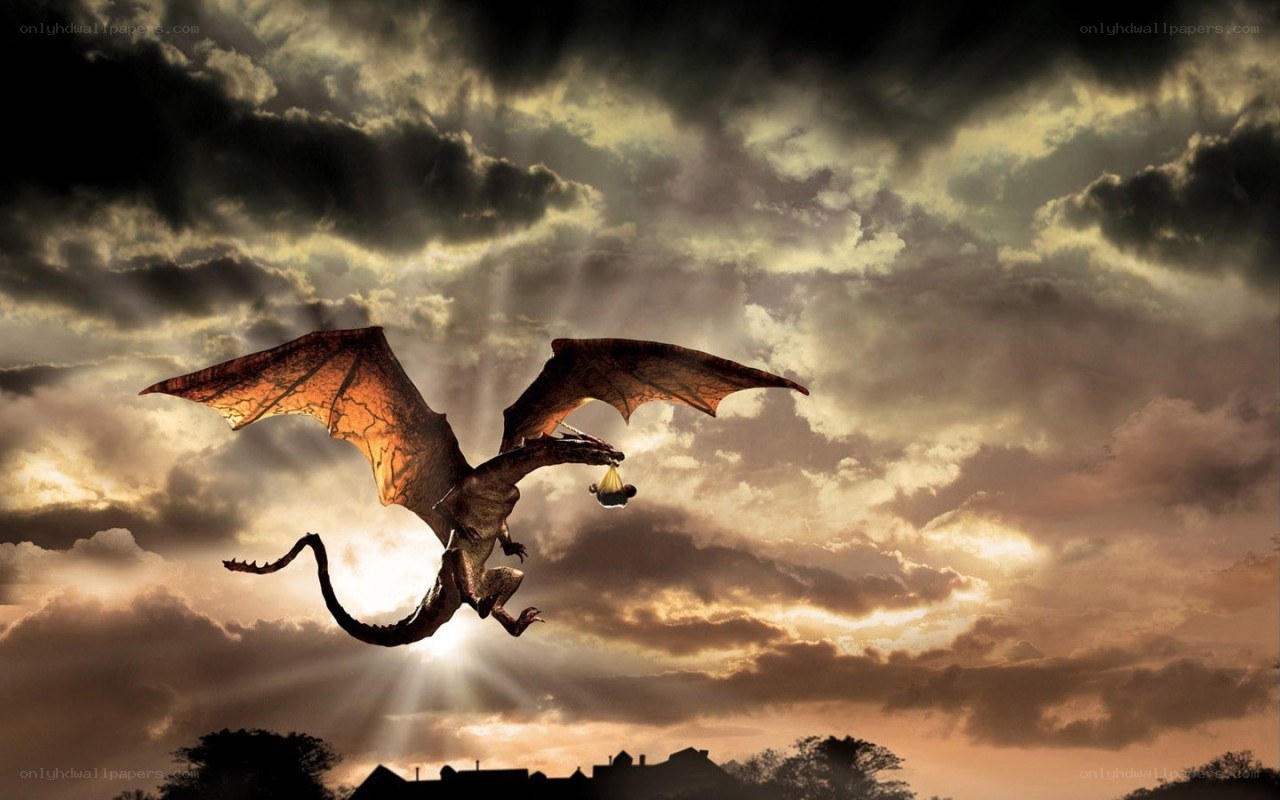 dragon flying at sunset