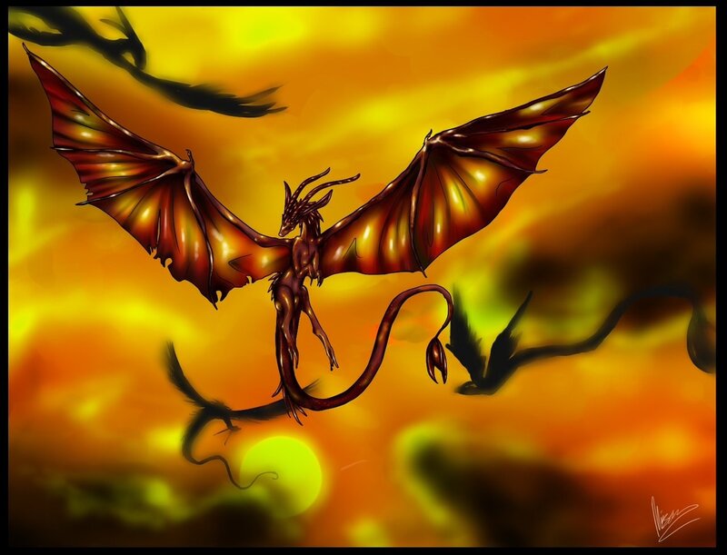 dragon flying at sunset