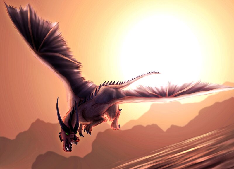 dragon flying at sunset