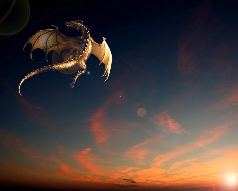 Dragon Flying at Sunset — Orange, Dramatic