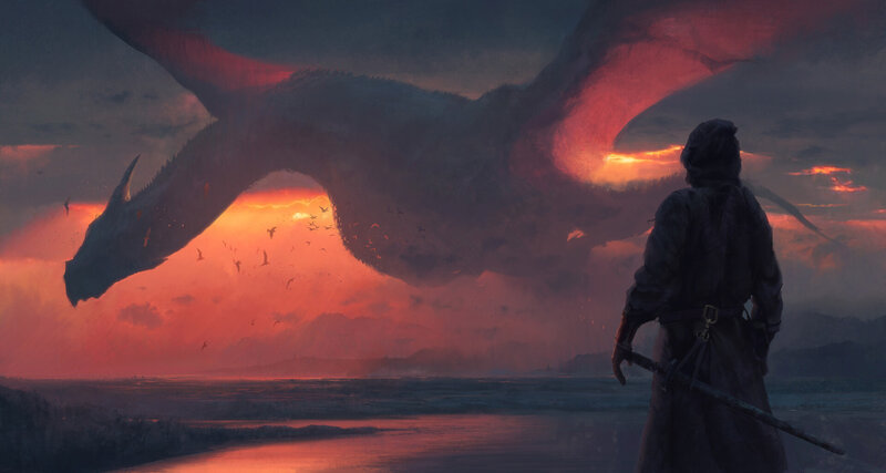 Dragon Flying at Sunset — Red, Dramatic, Digital Art, Person
