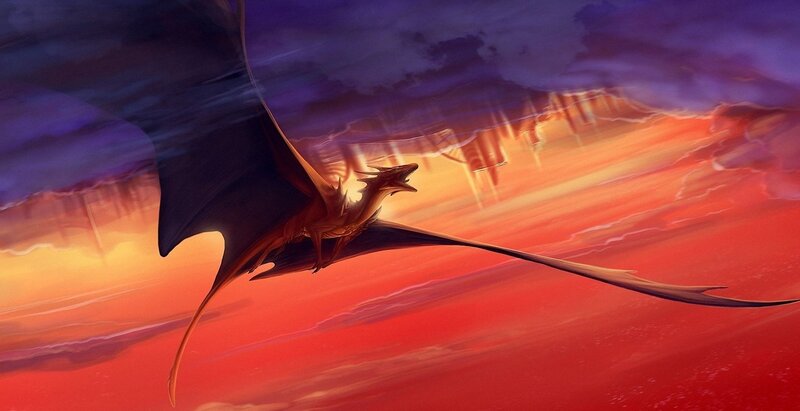 Dragon Flying at Sunset — Red, Dramatic, Digital Art, Sky