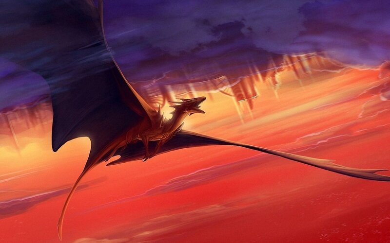 Dragon Flying at Sunset — Red, Dramatic, Digital Art, Sky, Wings