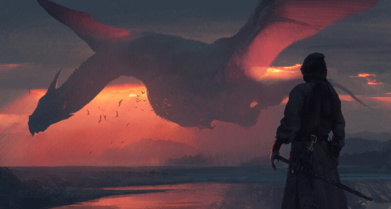 Dragon Flying at Sunset — Red, Dramatic, Digital Art