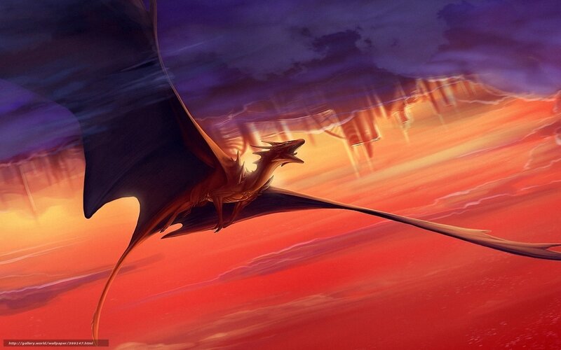Dragon Flying at Sunset — Red, Dramatic