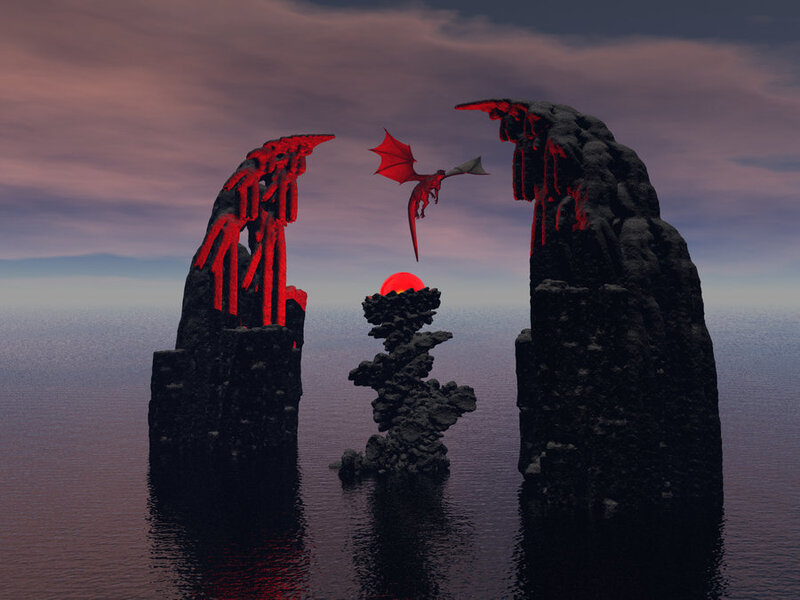 dragon flying between rock formations