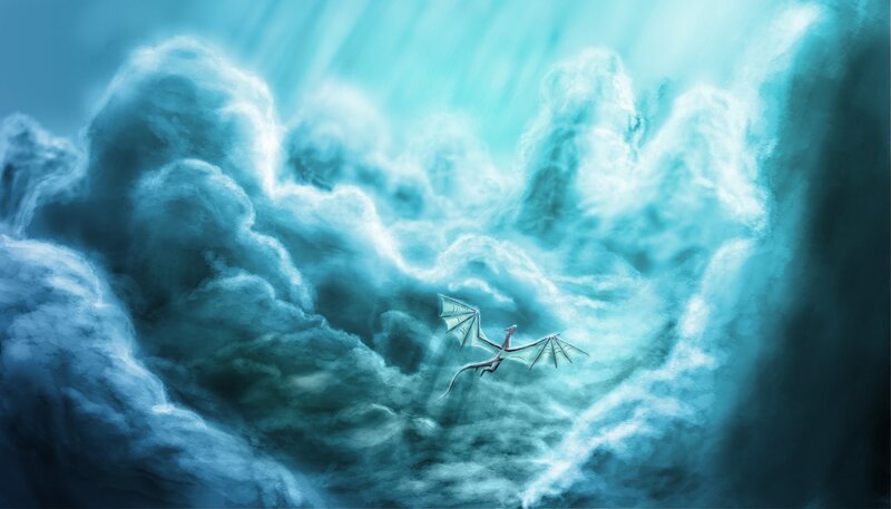 Dragon Flying in Clouds — Blue, Dramatic