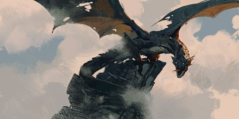 Dragon Flying in Clouds — Gray