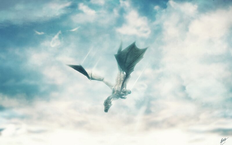 Dragon Flying in Sky — Blue, Dramatic, Digital Art, Clouds