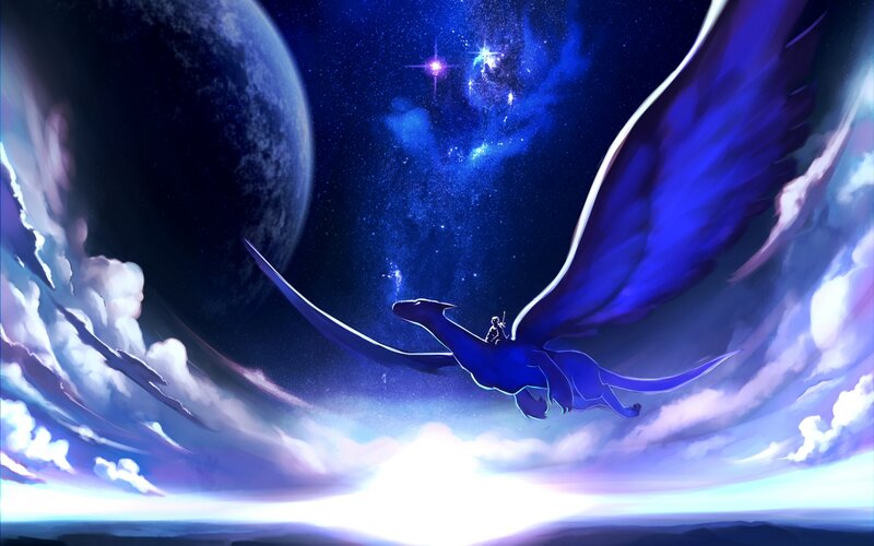Dragon Flying in Sky — Blue, Dramatic