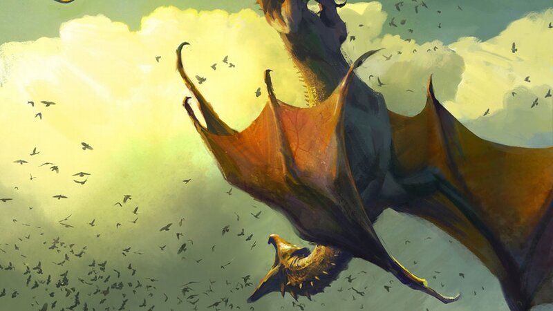 Dragon Flying in Sky — Yellow, Dramatic