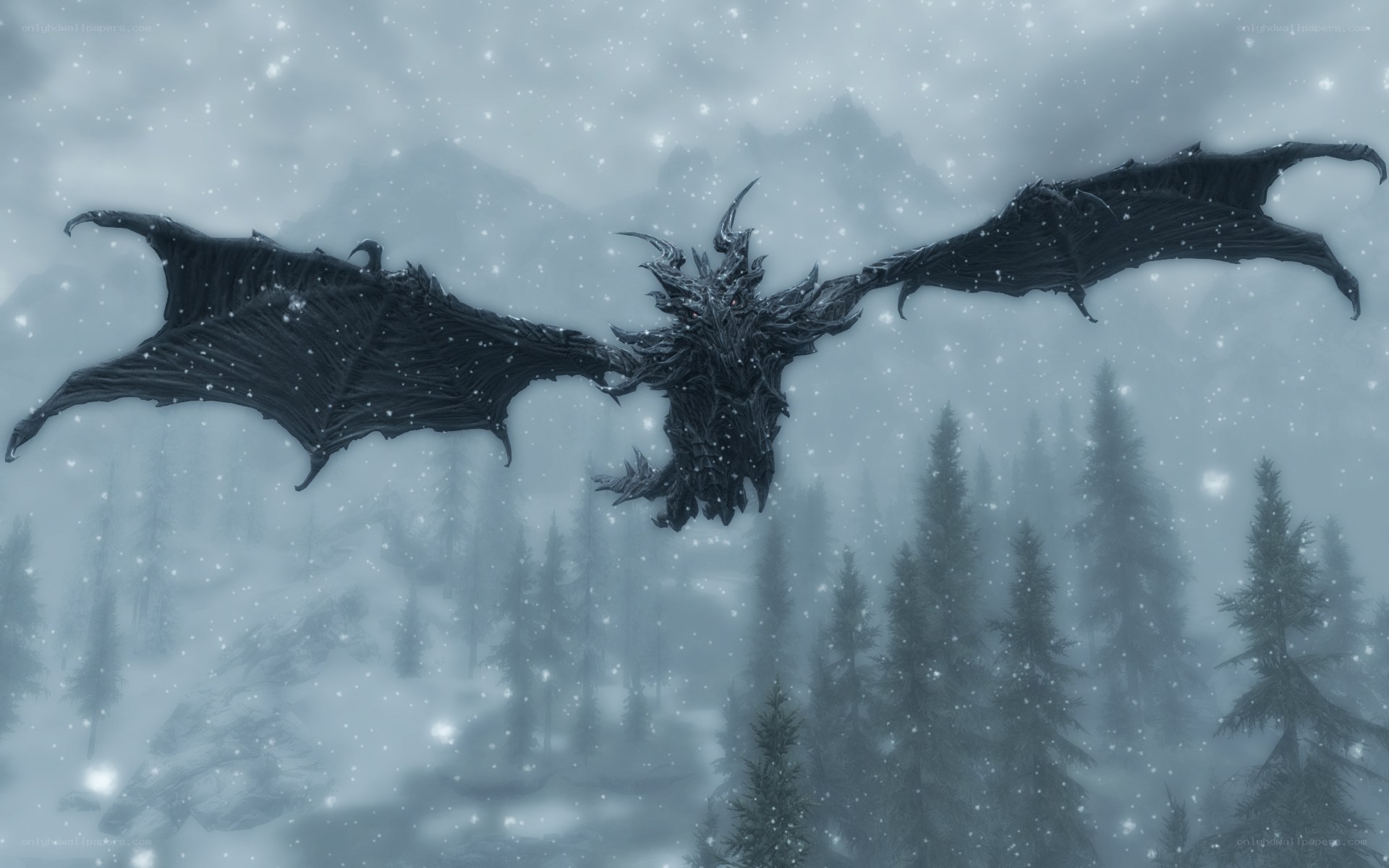 dragon flying in snowstorm