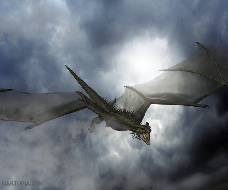 dragon flying in stormy sky