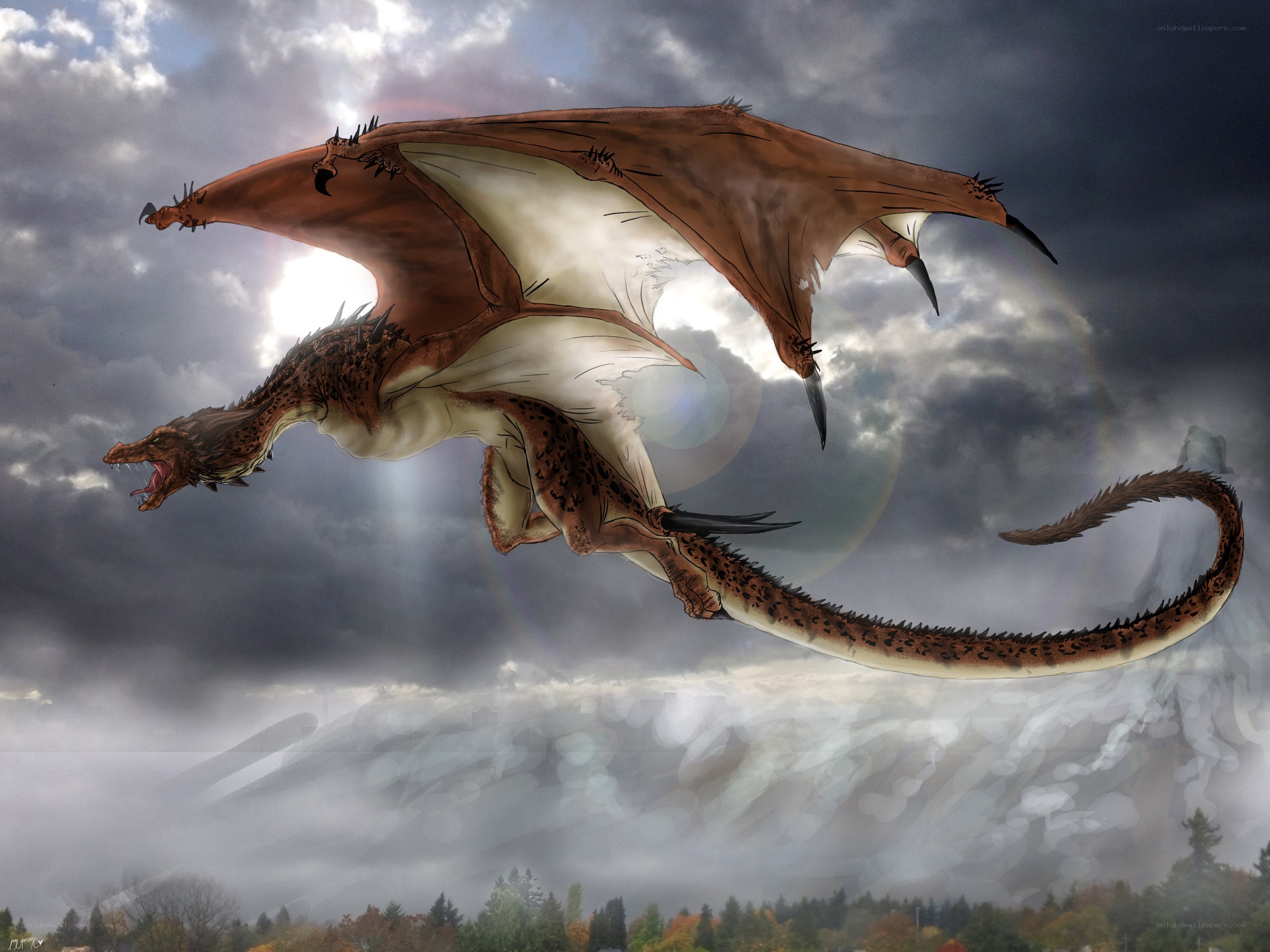 dragon flying in stormy sky