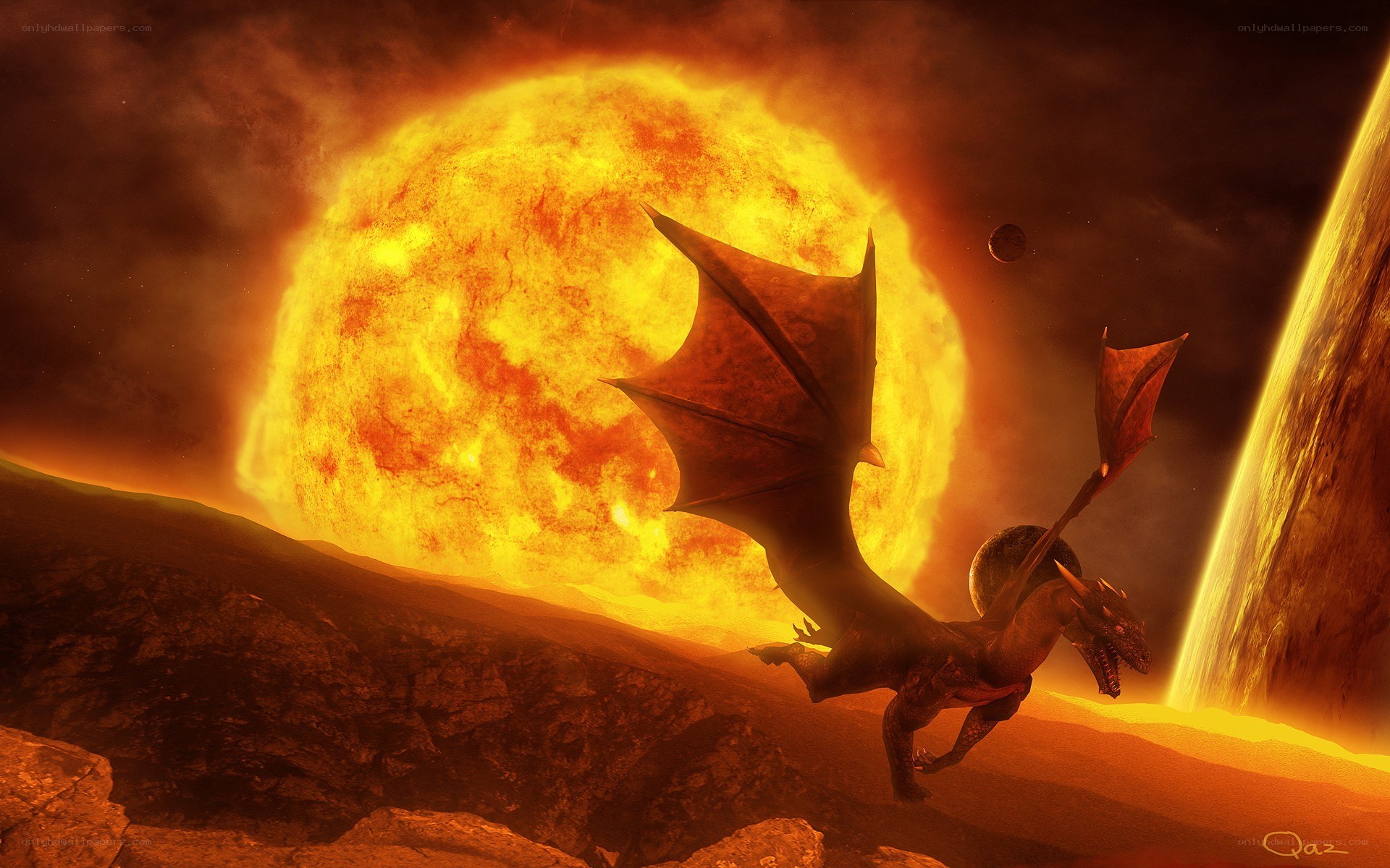 dragon flying near a sun