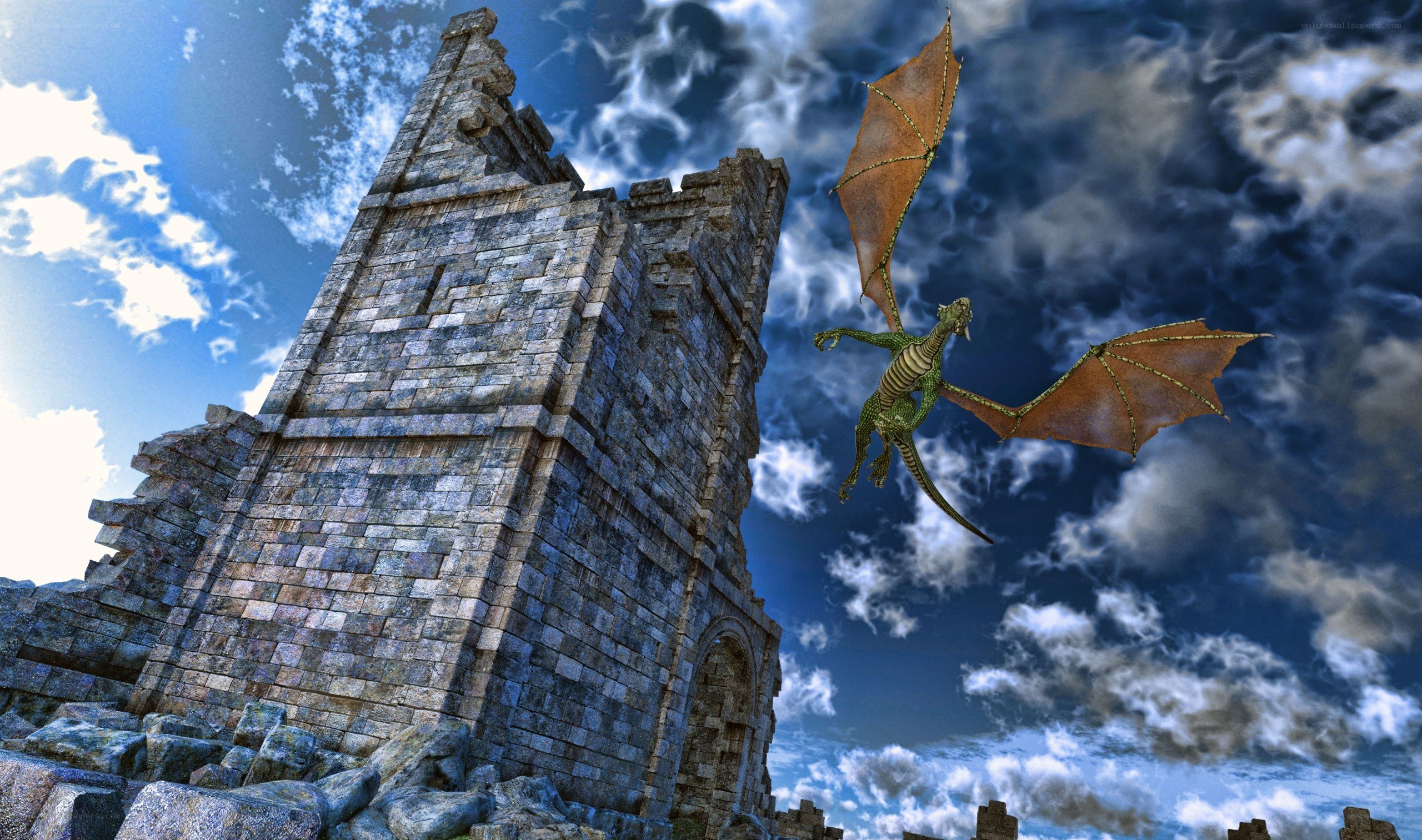 dragon flying near ancient tower