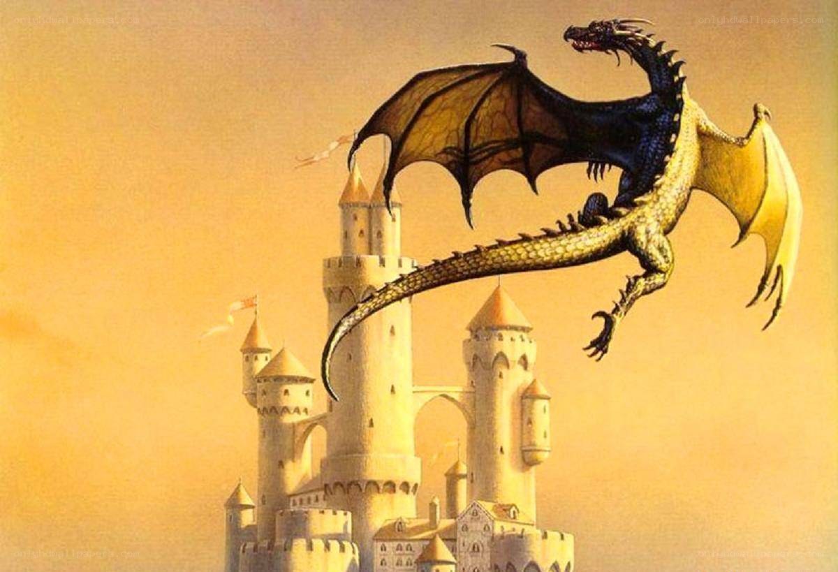 Dragon flying over a castle