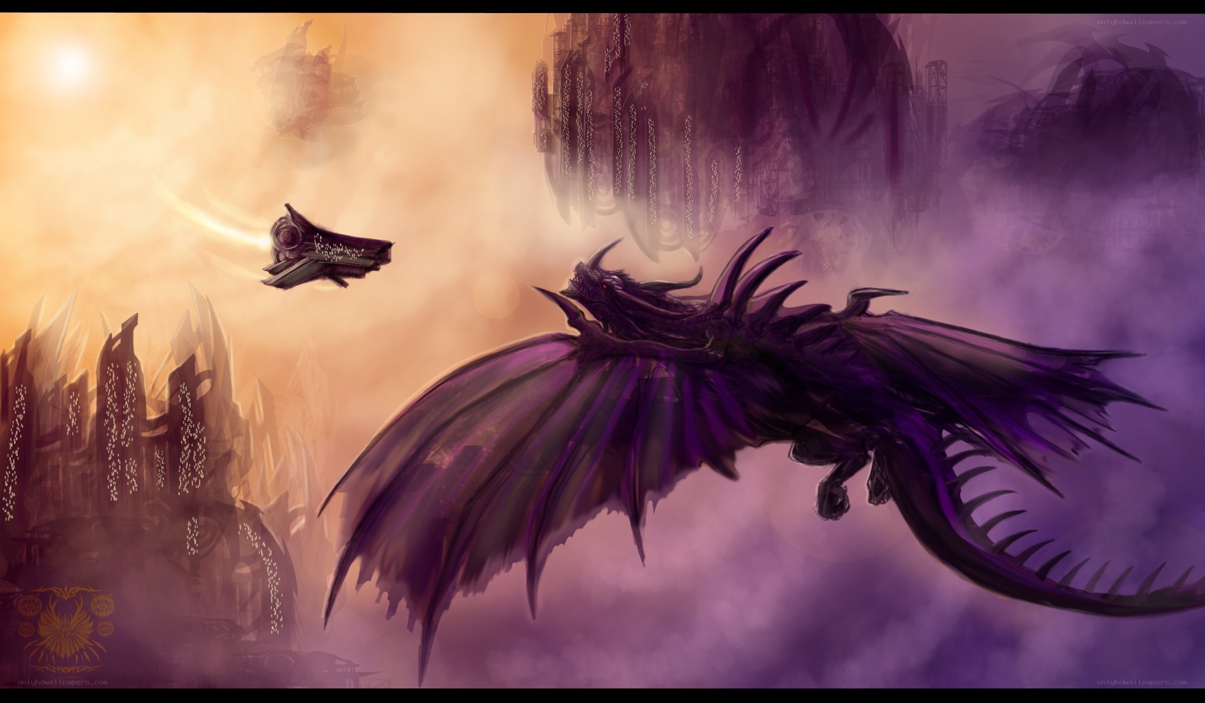 dragon flying over a city