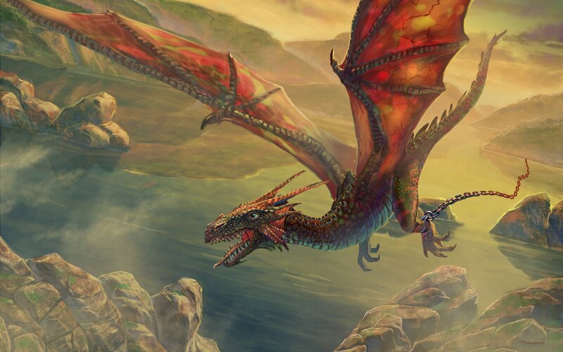 dragon flying over a river