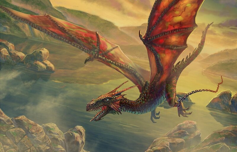 dragon flying over a river