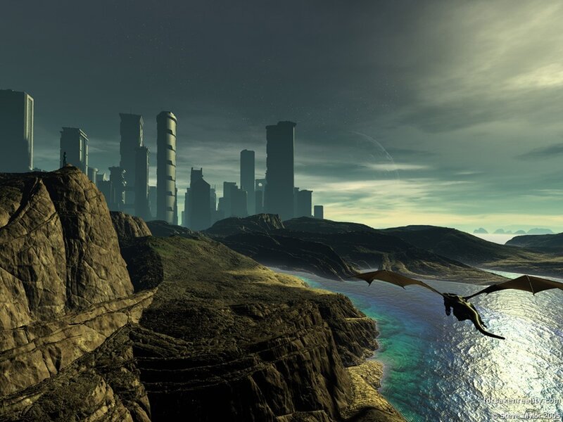 Dragon flying over alien city