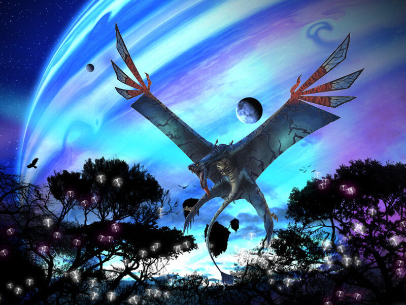 dragon flying over alien landscape