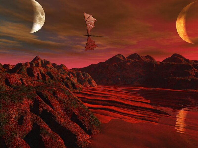 Dragon Flying over Alien Landscape — Red