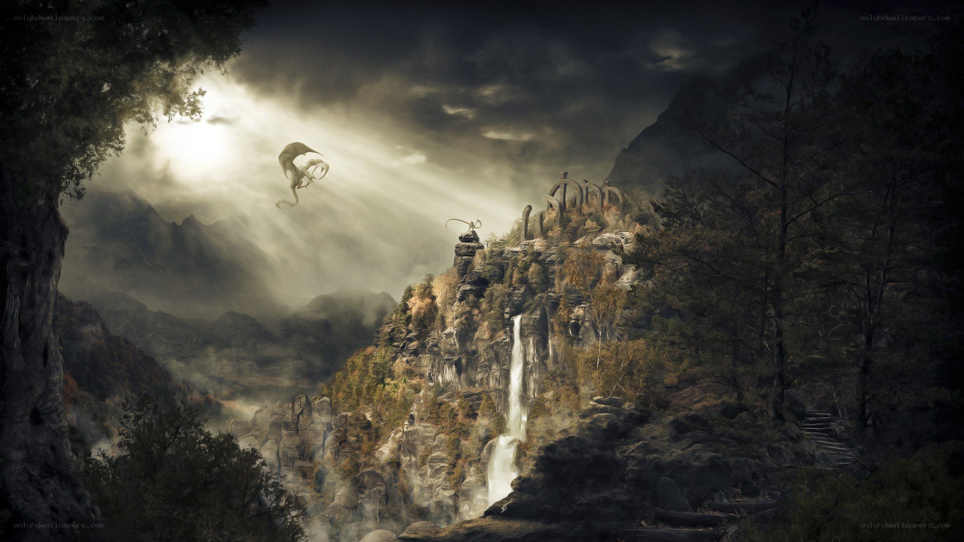 dragon flying over ancient ruins