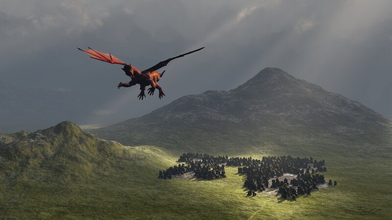 Dragon flying over army