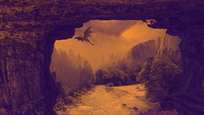 Dragon Flying over Canyon — Orange, Dramatic, Sunset