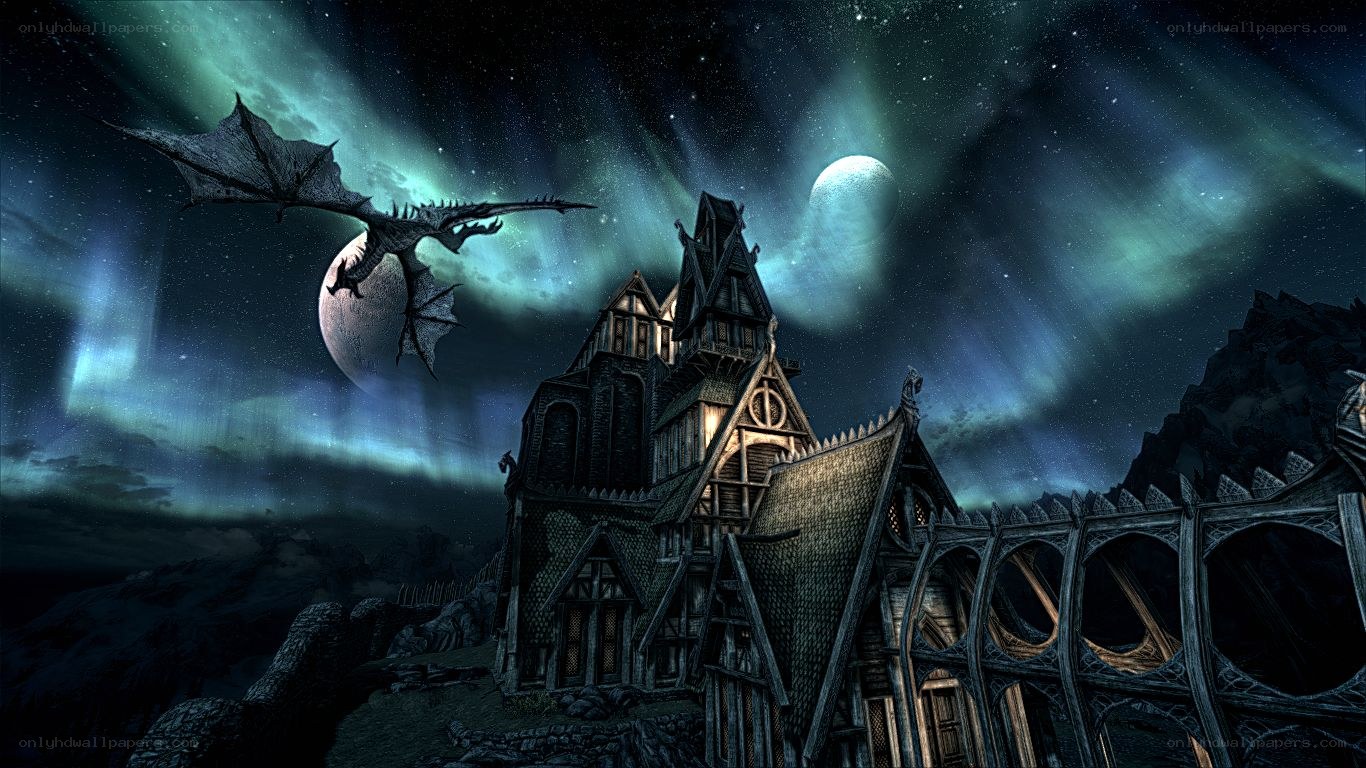 dragon flying over castle