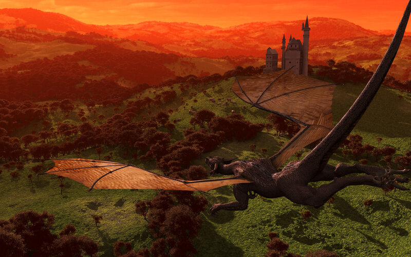 dragon flying over castle