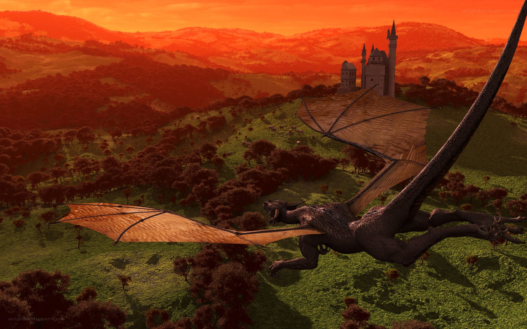 dragon flying over castle