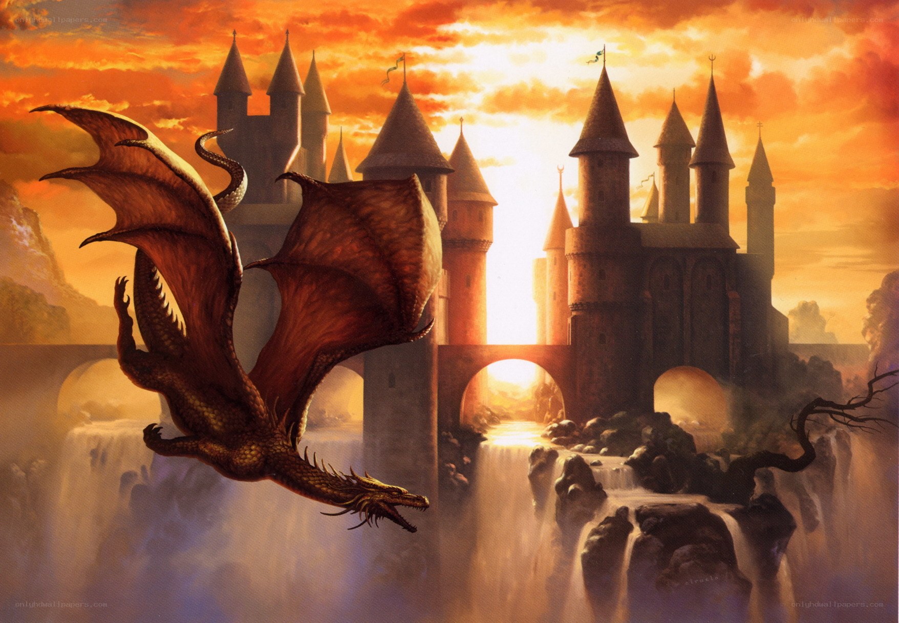 Dragon flying over castle at sunset